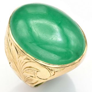 Vintage 14k Yellow Gold 43.  30ct Green Jade Large Oval Etched Cocktail Ring 24.  6g