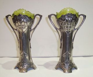 Antique Wmf Art Nouveau Silver Plated Flower Vase & Glass Liners Jugendstil X2