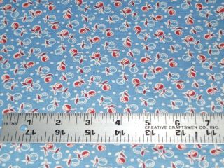 Full Opened Blue Feedsack - - Fabric With Small Red White & Maroon 37 " X 44 "
