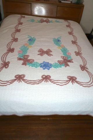 Vintage White Bows Floral Chenille Bedspread Queen Double 91 X 104