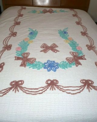 VINTAGE WHITE BOWS FLORAL CHENILLE BEDSPREAD QUEEN DOUBLE 91 X 104 2