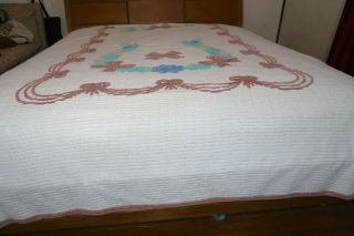 VINTAGE WHITE BOWS FLORAL CHENILLE BEDSPREAD QUEEN DOUBLE 91 X 104 3