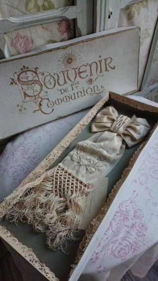 Charming Antique French Embroidered Silk Communion Bow C1880