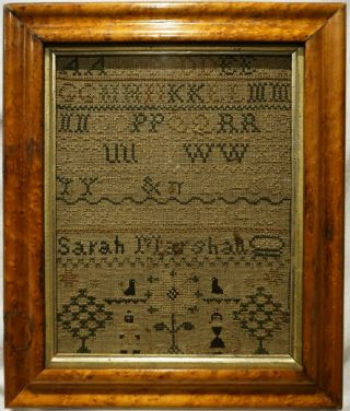 Small Late 18th Century Figures,  Motif & Alphabet Sampler By Sarah Marshall 1783