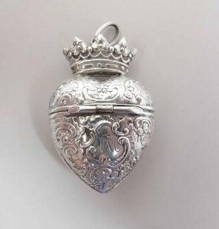Antique French Silver Crowned Heart Locket / Pendant With Putto / Cherub