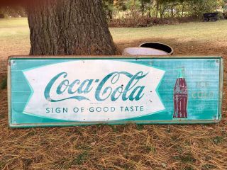 Rare Green Vintage Coca Cola Fishtail C.  1950’s Metal Sign Large Soda Pop