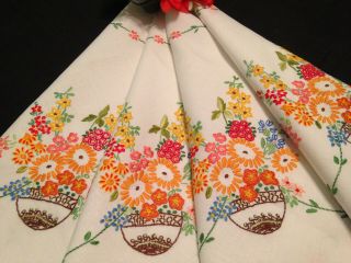 Vintage Hand Embroidered White Linen Tablecloth Stunning Baskets Of Flowers