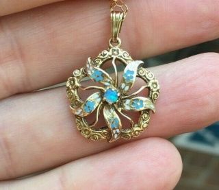 Antique Art Nouveau Enamel Star 14k Opal Pendant Necklace