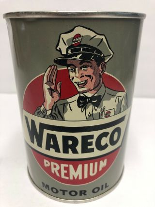 Vintage Rare Wareco Premium Motor Metal Oil Can Big Graphic Qt Quart Full