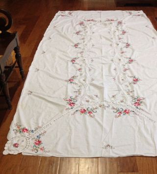 Vintage Cross Stitched/embroidered Crocheted Large Rose Tablecloth - 126” " X 60 "