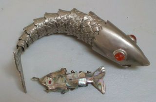 2 Vintage Sterling Silver & Abalone Articulated Fish Bottle Openers Mexico Art