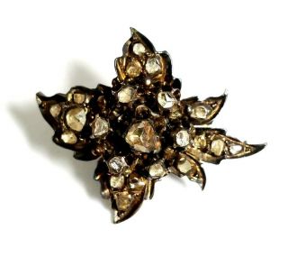 Antique Victorian Fine Sterling Silver 925 Rose Cut Diamonds Flower Pin Brooch