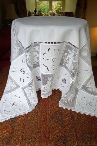 Exquisite Antique Linen & Filet Lace Tablecloth Goddess Diana Bacchus & More