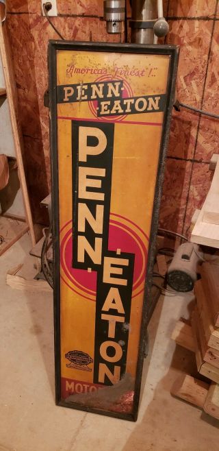 Rare Penn Eaton Oil Vertical Tin Gas Station Sign Wood Frame