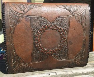 Arts Crafts Era Modeled Tooled Leather Jewelry Box Cordova Shops Buffalo Rare