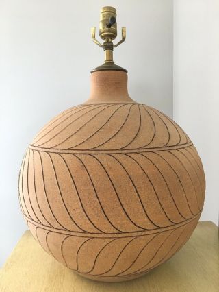 Mid - Century Studio Pottery Incised Ceramic Lamp Signed Brown Danish Modern $1500