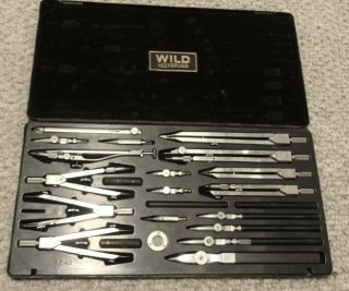 Vintage Wild Heerbrugg Swiss Chromium Drawing Set Drafting Instrument Rz40