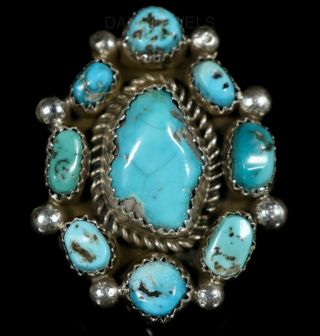 Gorgeous Old Pawn Vintage Navajo Blue Green Cluster Turquoise Ring Sz 9
