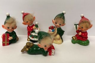 5 Vintage Josef Originals Ceramic Christmas Pixie Elf Elves Hair Figurines Japan