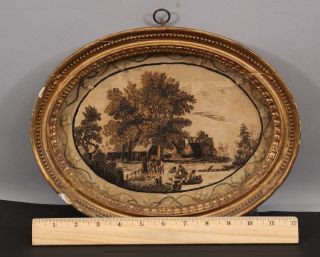 Small 18thc Antique Folk Art Oval Silk Needlepoint Embroidery,  Landscape & Frame