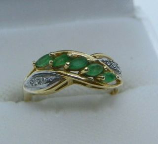 Vintage 14k Yellow Gold 5 Pear Cut Natural Emeralds Diamond Chips Ring Sz 8