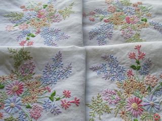 Vintage Hand Embroidered Linen Tablecloth - Exquisite Floral Bouquets