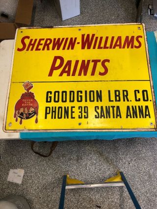 Sherwin - Williams Vintage Advertising Sign Metal One Side Santa Anna 36” X 29”