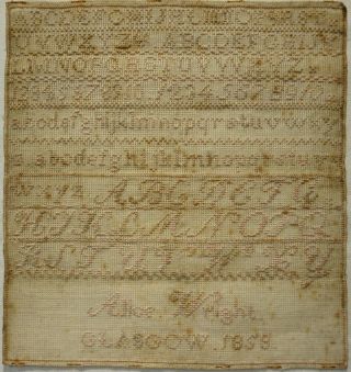 Mid 19th Century Scottish Alphabet Sampler By Alice Wright Of Glasgow - 1858
