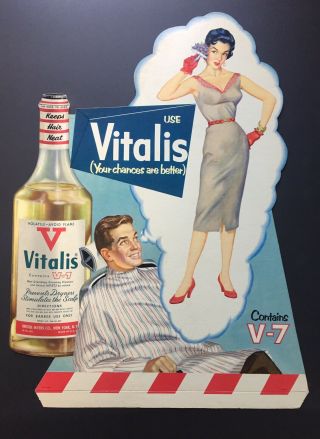 Vintage Antique 1950s Litho Vitalis Hair Tonic Barber Cardboard Advertising Sign
