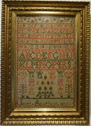 Early/mid 19th Century Alphabet & Motif Sampler By Janet Anderson - 1839