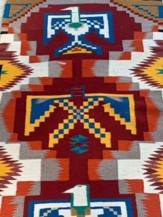 Awesome 60s 70s Vintage Navajo Weaving Rug Blanket Thunderbird Colorful Wool 53 "