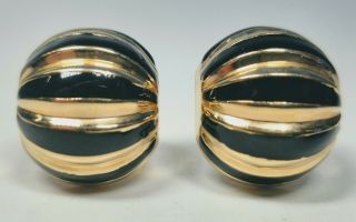 Vintage 14k Yellow Gold And Black Enamel French Clip Earrings