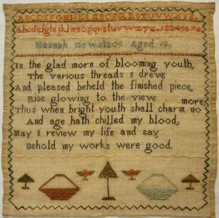 Mid 19th Century Verse & Motif Sampler By Hannah Hewetson Aged 13 - C.  1850