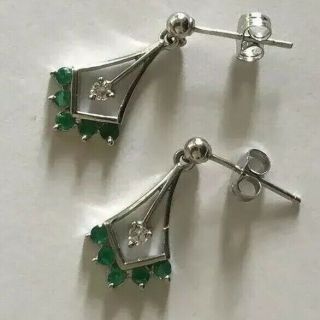 Vintage 14k White Gold Emerald Diamond Fan Kite Dangle Earrings Estate Jewelry