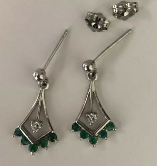 Vintage 14k White Gold Emerald Diamond Fan Kite Dangle Earrings Estate Jewelry 2