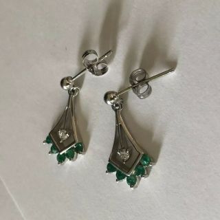 Vintage 14k White Gold Emerald Diamond Fan Kite Dangle Earrings Estate Jewelry 3
