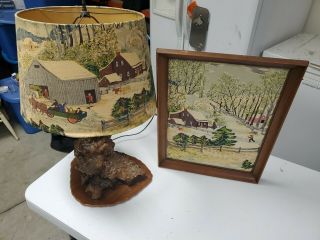 Vintage Grandma Moses " Early Springtime On The Farm " Burlwood Lamp And Framed
