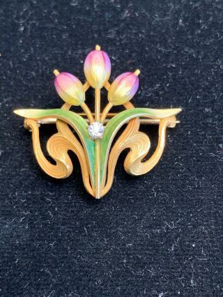 Antique Art Nouveau 14k Gold Enamel Flower Watch Pin Pendant
