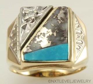Antique RARE Silver Ore in Quartz Turquoise & Diamond 10k Solid Gold Men ' s Ring 2