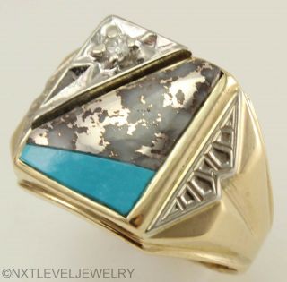 Antique RARE Silver Ore in Quartz Turquoise & Diamond 10k Solid Gold Men ' s Ring 3
