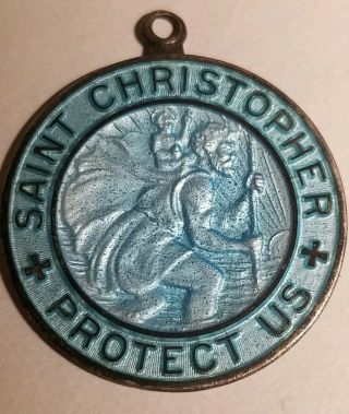 Vintage Sterling Silver Blue Enamel St.  Christopher Medal Charm Or Pendant