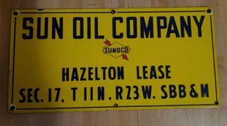 Vintage 1950s Sunoco Sun Oil Company Porcelain Well Lease Sign 12 " X 24 " Rare
