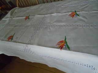 Large Vintage Hand Embroidered Cotton Tablecloth - 62 X 117 Inches