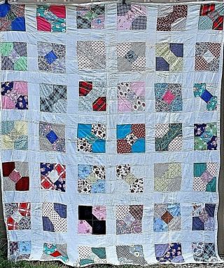 Old Vintage Feed Sack Material Quilt Bow Tie Machine Sewn 74 " X 90 " Multi - Color
