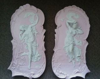 Pair Antique Art Nouveau Bisque Pink Jasperware Wall Plaques Nude Nymphs