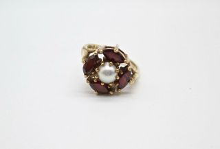 Antique Victorian 14 Kt Yellow Gold Red Garnet And Pearl Cluster Ring Size 6