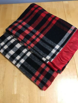 Vintage Pearce 100 Wool Blanket Red,  Black And White Checked Satin Trim 70x84”