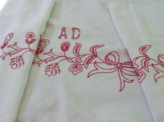 Antique French Redwork Embroidery Hand Stitched Bows Monogram Ad Linen Fabric