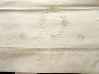 Antique Linen Flat Sheet 82 X 81 Embroidered Center & Picot Top Border Turndown