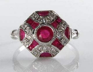 Class 9k 9ct White Gold Indian Ruby Diamond Art Deco Ins Ring Resize